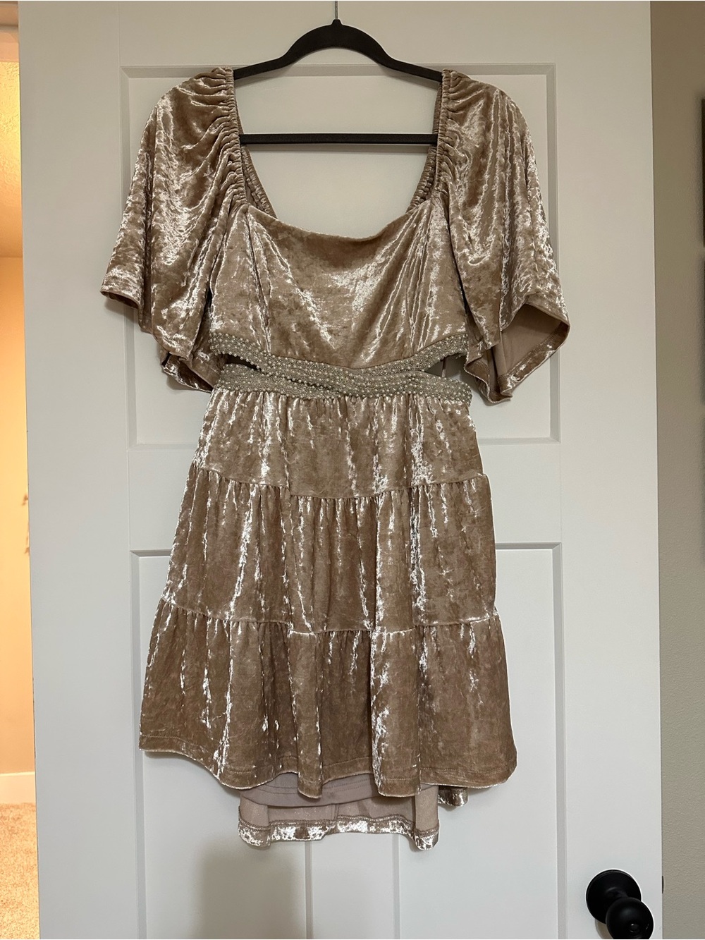 Dusty Rose Velvet Tiered Dress with Beaded Waist